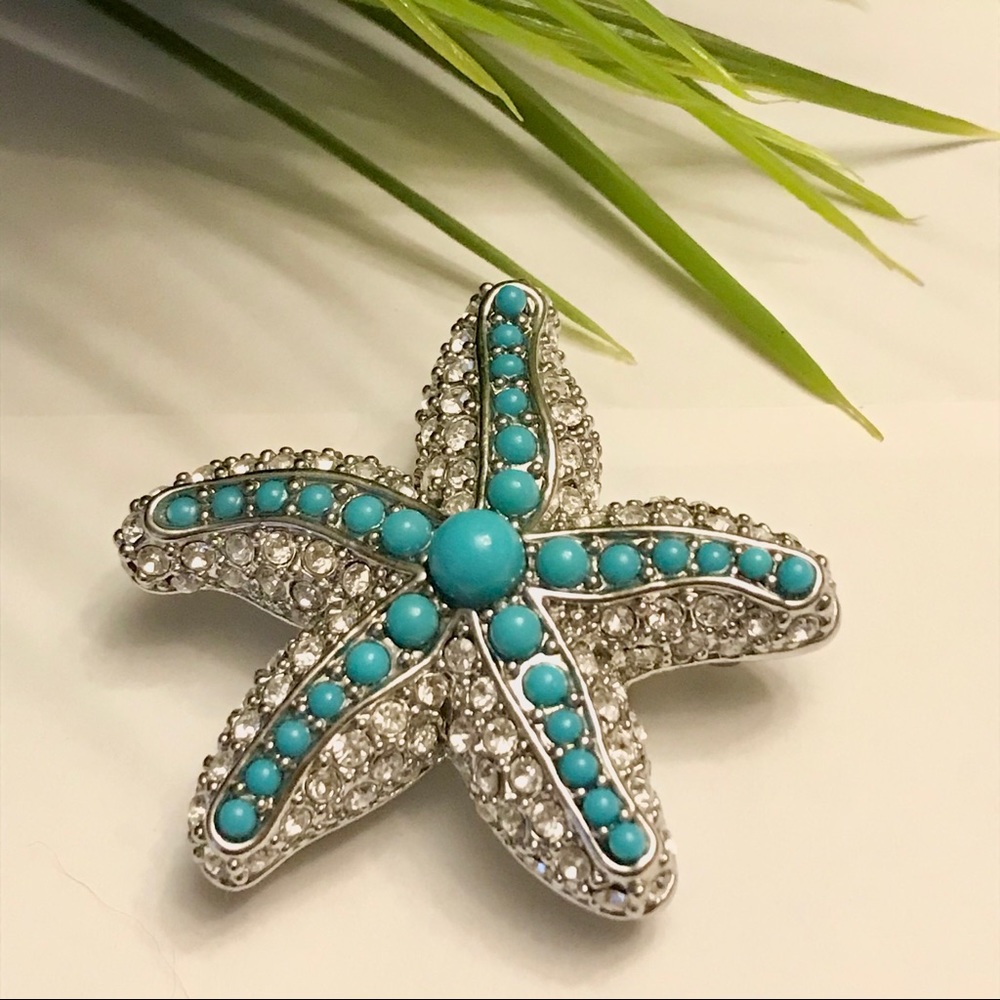 Vintage Turquoise Rhinestone Sea Star Pin Pendant